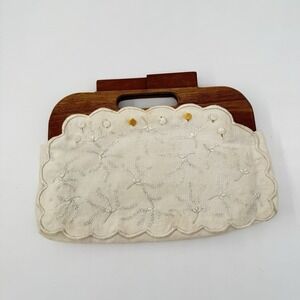 Vintage White Linen Embroidered Clutch Wood Handle Handbag Floral